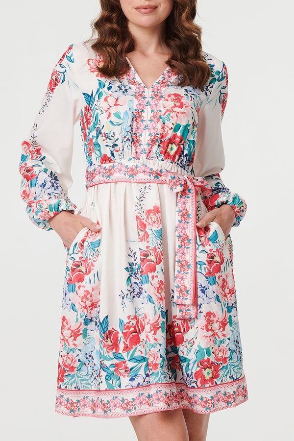 MULTIRED / Border Print Tie Waist Short Dress