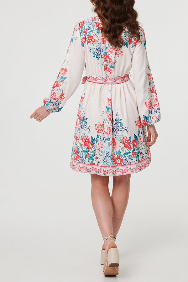 MULTIRED / Border Print Tie Waist Short Dress