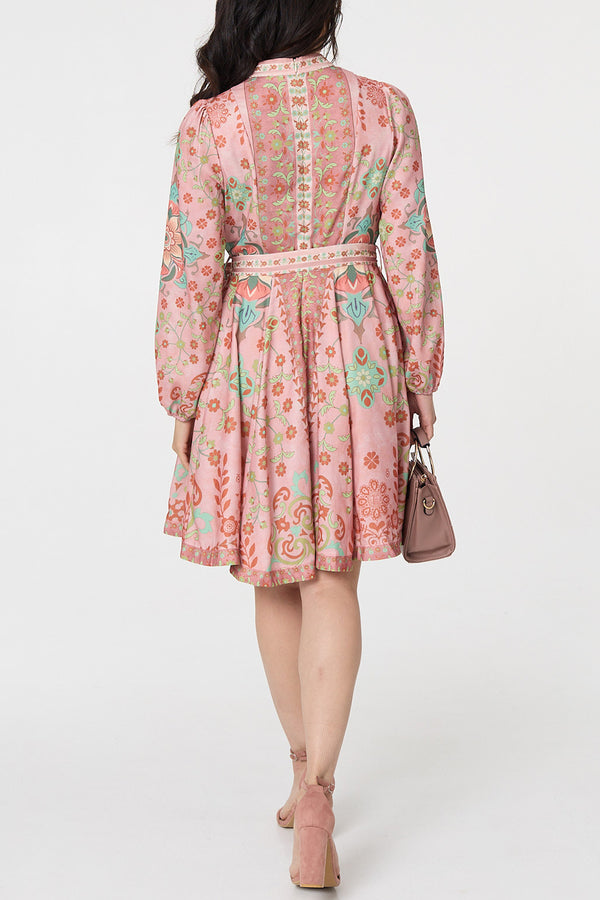 RUST / Floral Tie Waist Knee Length Dress