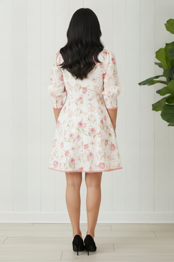 Floral Lace Trim 3/4 Short Shirt Dress || PINK