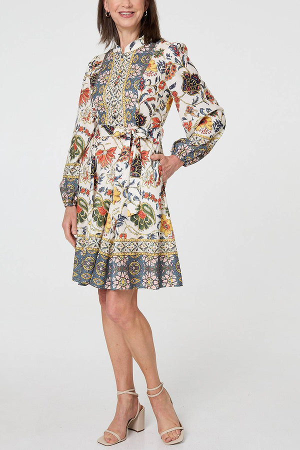 MULTI GREEN | Floral Tie Waist High Neck Short Dress