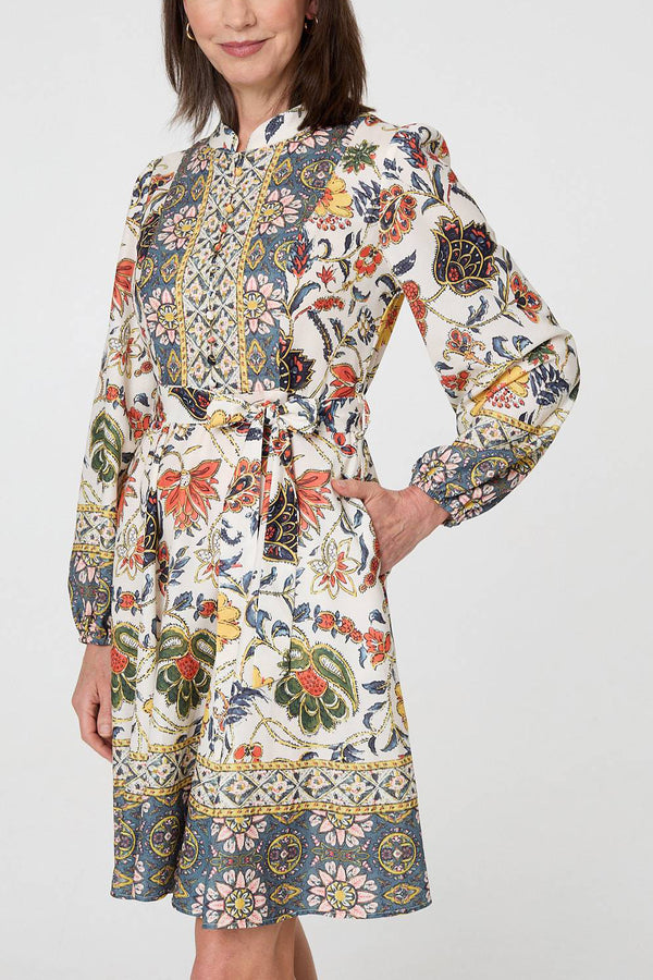 MULTI GREEN | Floral Tie Waist High Neck Short Dress