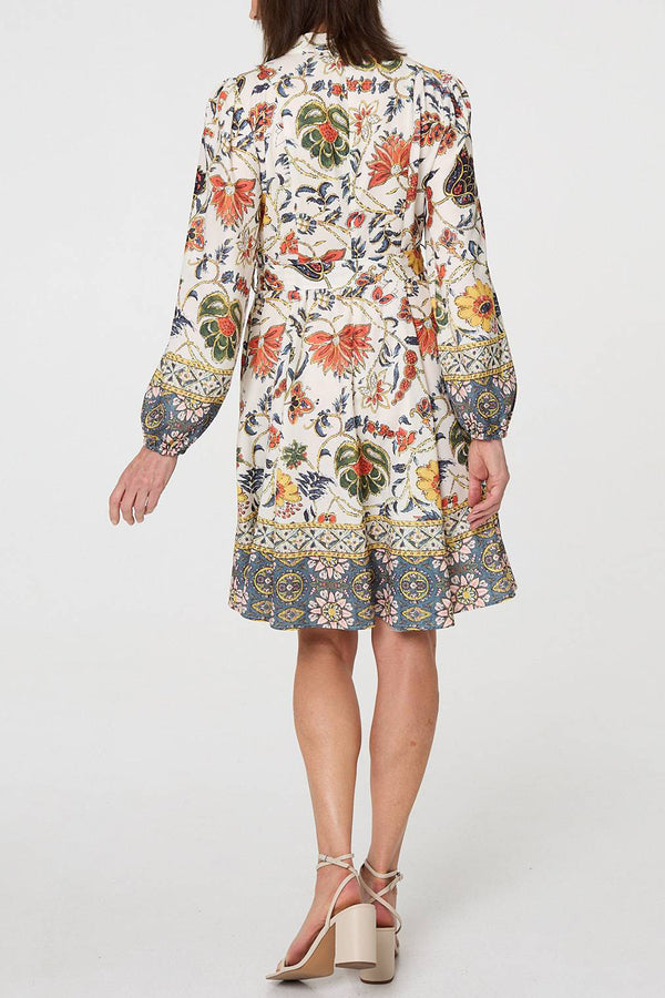 MULTI GREEN | Floral Tie Waist High Neck Short Dress