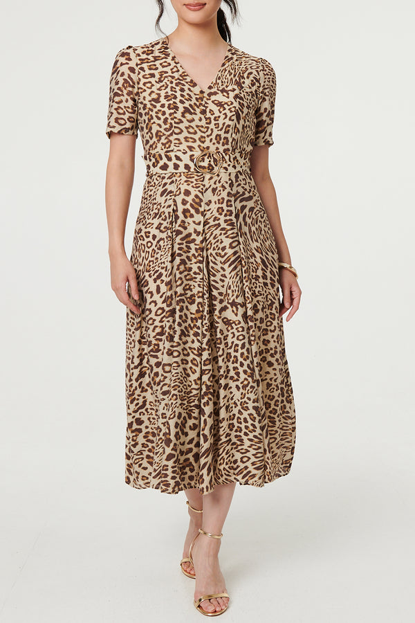 MULTI BROWN| Animal Print Pleated Belted Midi Dress