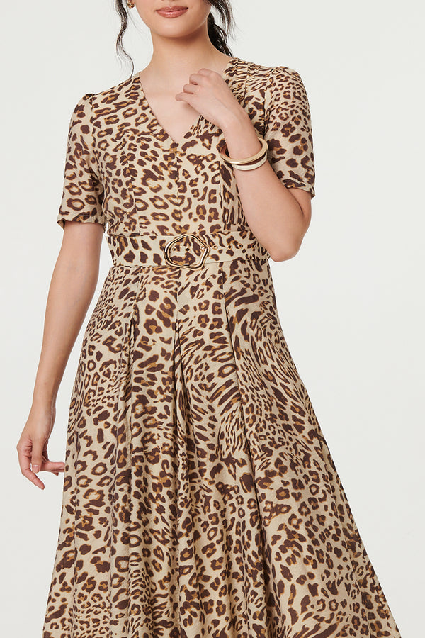 MULTI BROWN| Animal Print Pleated Belted Midi Dress