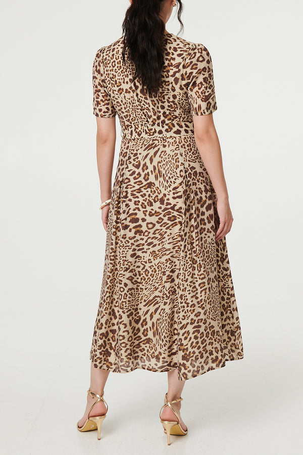 MULTI BROWN| Animal Print Pleated Belted Midi Dress