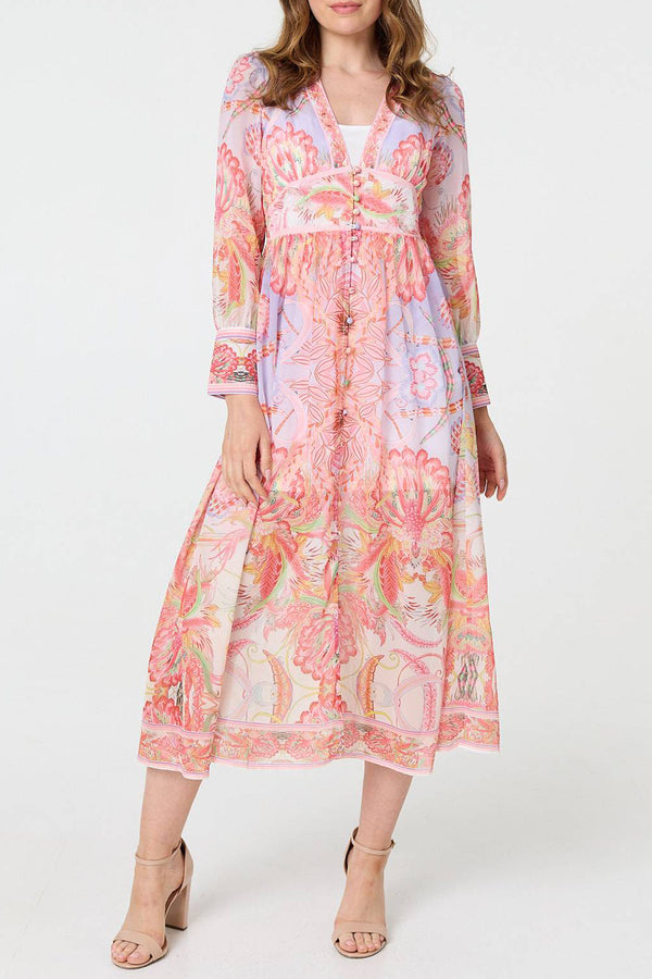 MULTI PINK | Printed Long Sleeve Empire Midi Dress