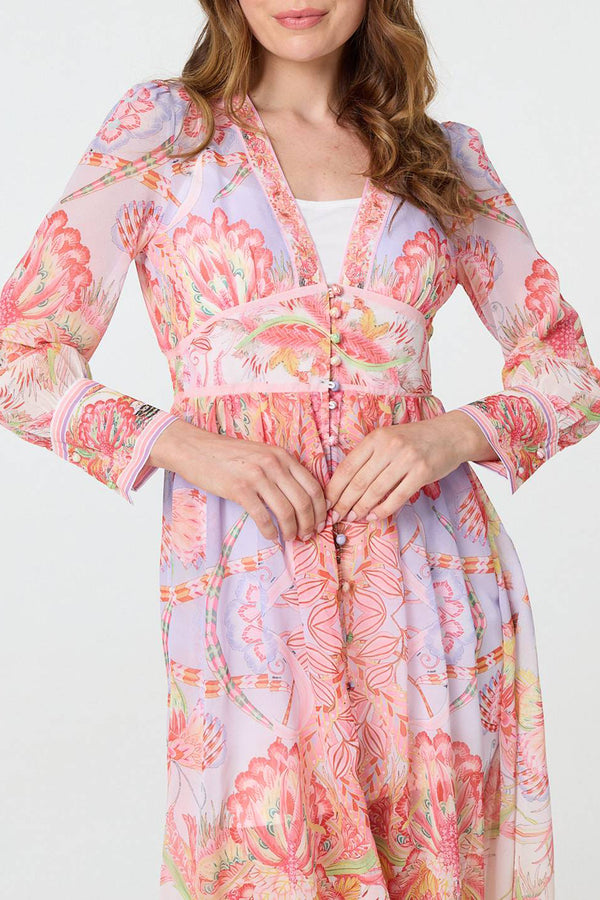 MULTI PINK | Printed Long Sleeve Empire Midi Dress