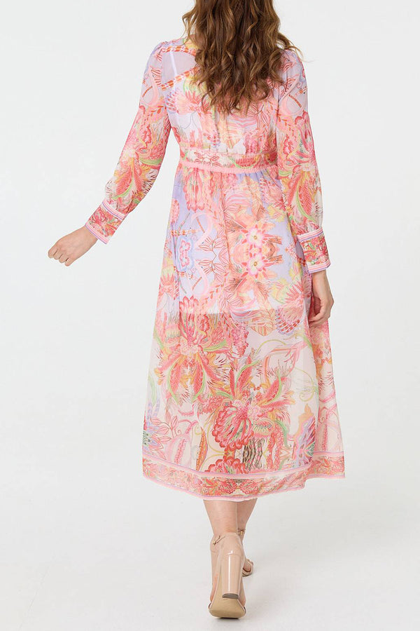 MULTI PINK | Printed Long Sleeve Empire Midi Dress