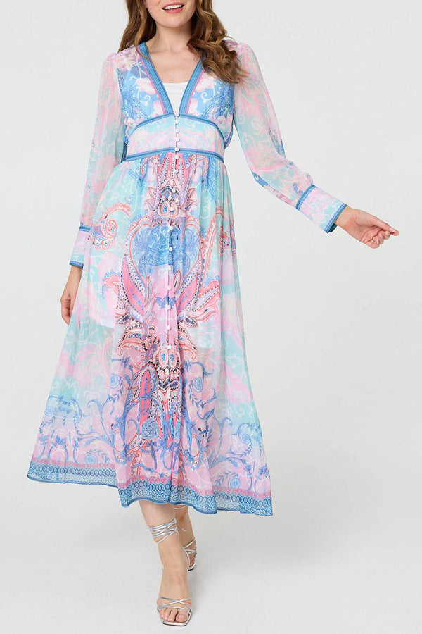 MULTI BLUE | Border Print V-Neck Empire Midi Dress