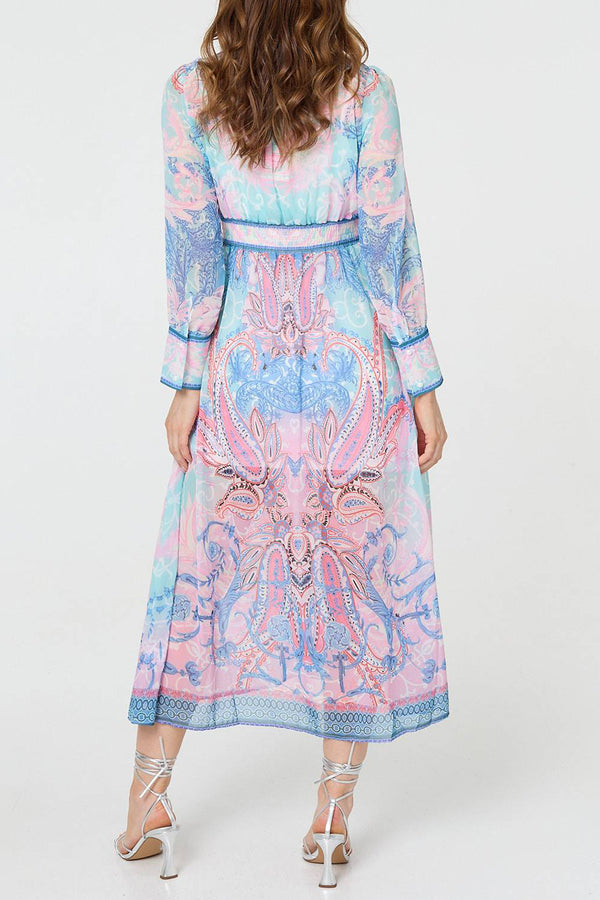 MULTI BLUE | Border Print V-Neck Empire Midi Dress