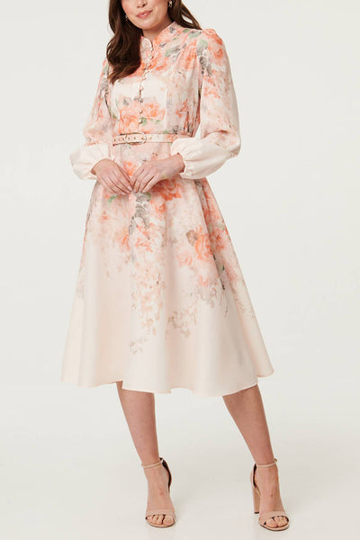 Floral Long Sleeve Belted Midi Dress| MULTIPINK