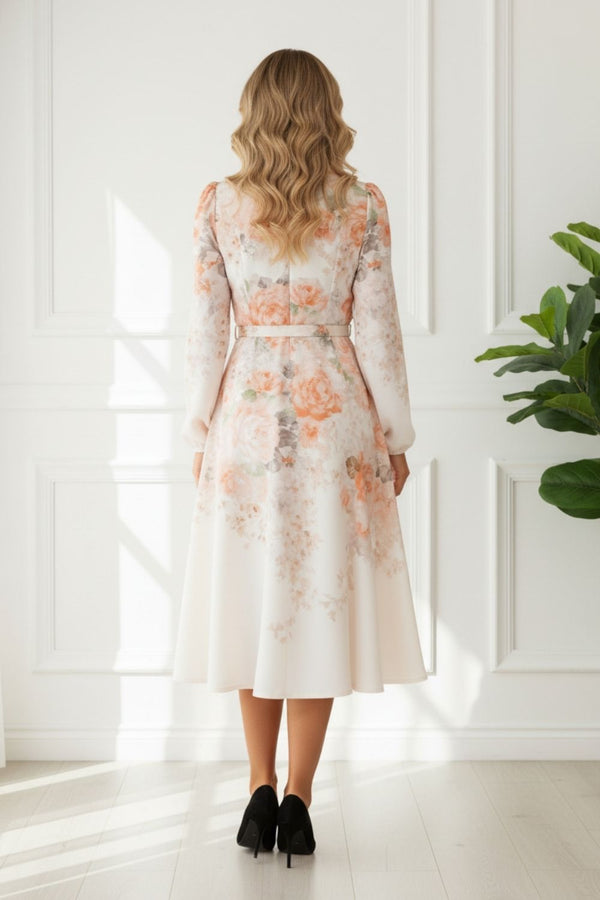 Floral Long Sleeve Belted Midi Dress