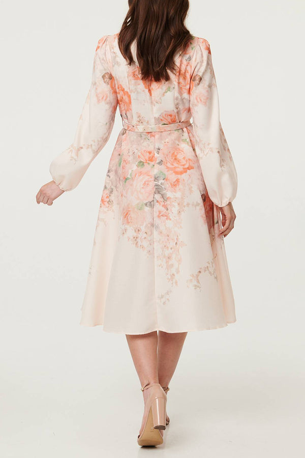 Floral Long Sleeve Belted Midi Dress| MULTIPINK