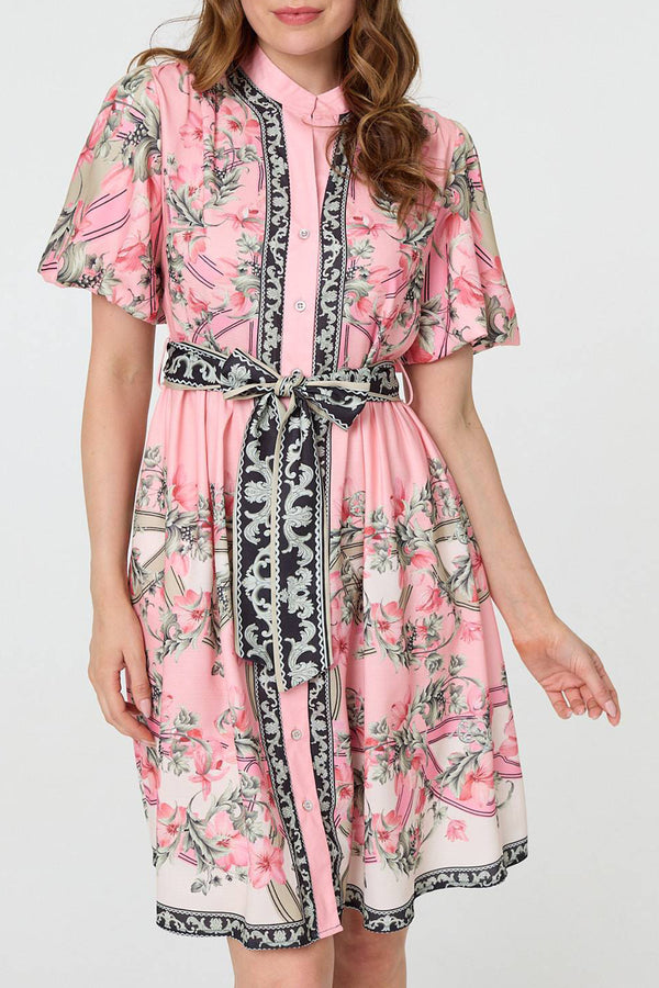 PINK | Border Print High Neck Short Shirt Dress