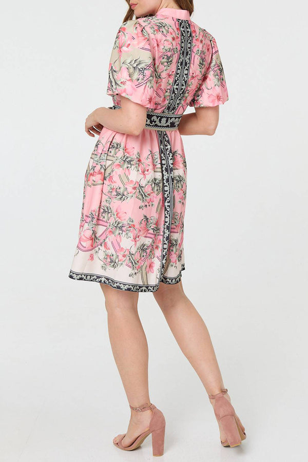 PINK | Border Print High Neck Short Shirt Dress