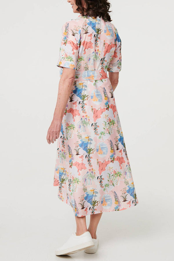 PINK | Floral Lace Trim Tie Waist Midi Dress