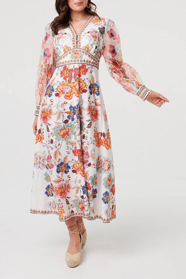 MULTIWHITE / Floral Semi Sheer Sleeve Maxi Dress