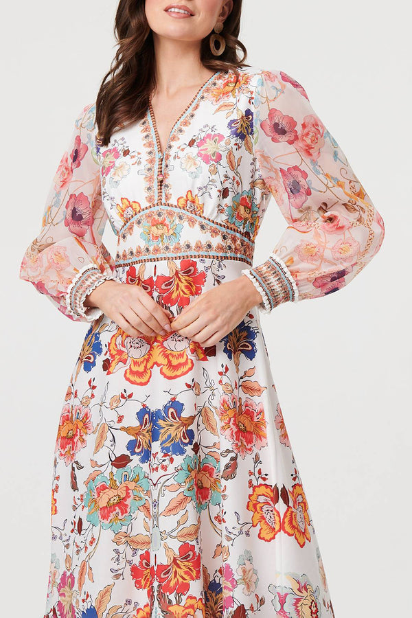 MULTIWHITE / Floral Semi Sheer Sleeve Maxi Dress