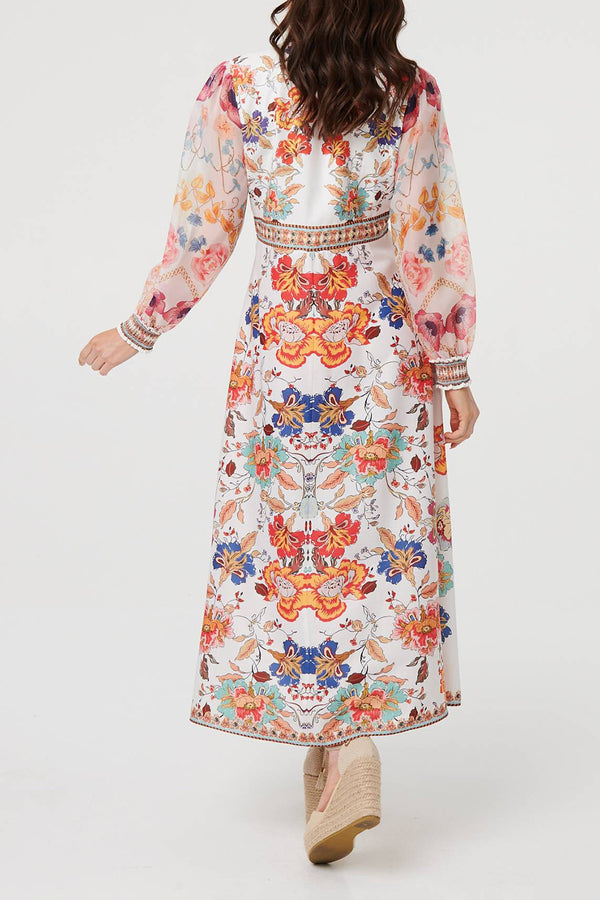 MULTIWHITE / Floral Semi Sheer Sleeve Maxi Dress