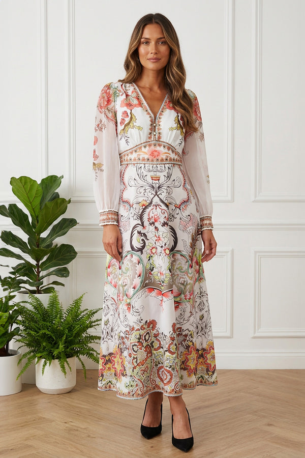 WHITE /Floral Semi Sheer Long Sleeve Maxi Dress