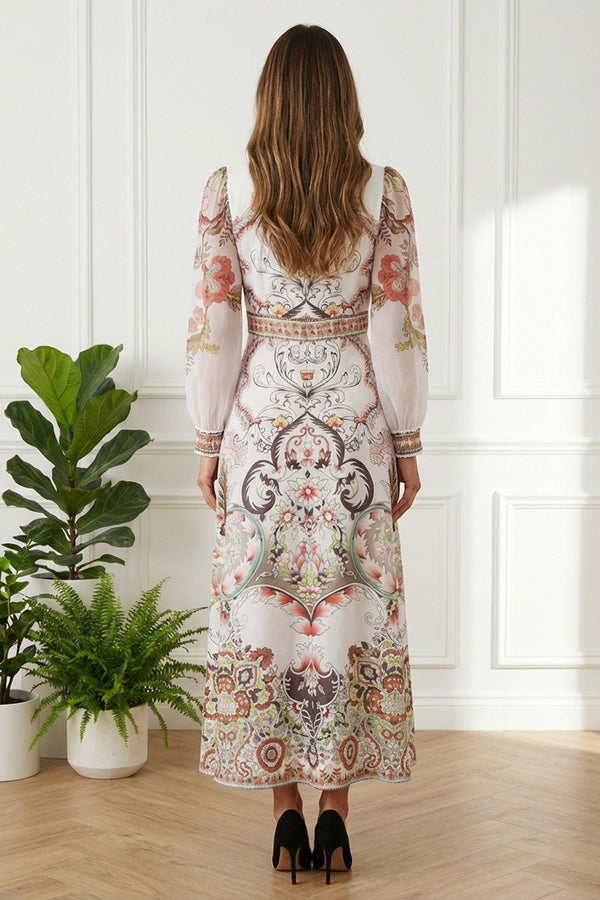 WHITE /Floral Semi Sheer Long Sleeve Maxi Dress