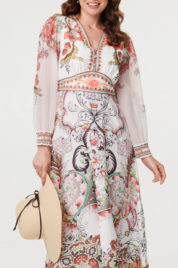 WHITE /Floral Semi Sheer Long Sleeve Maxi Dress