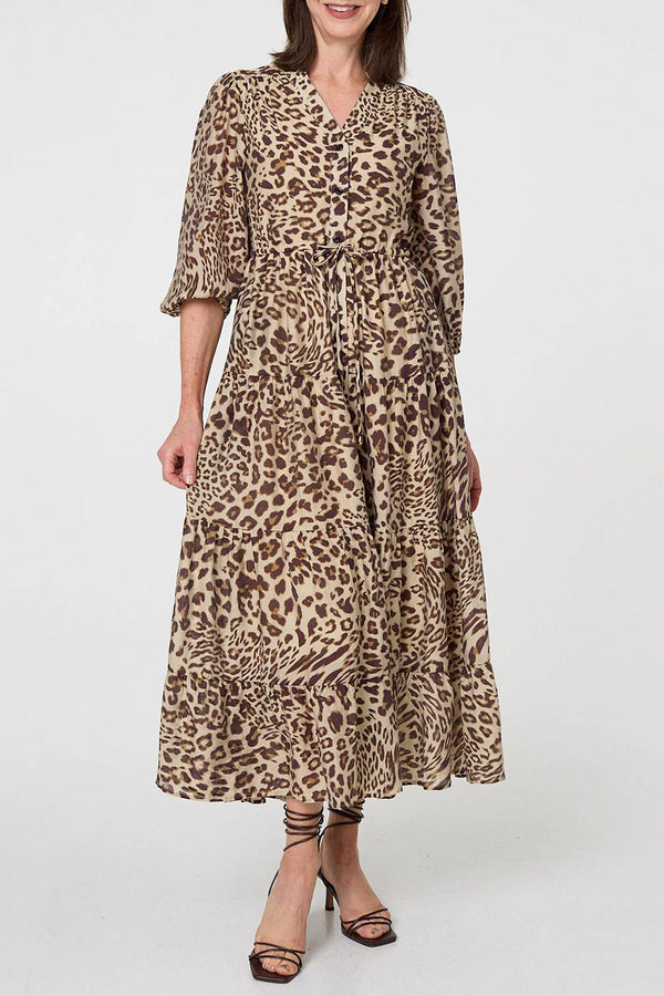 MULTI BROWN | Animal Print 3/4 Sleeve Midi Shirt Dress