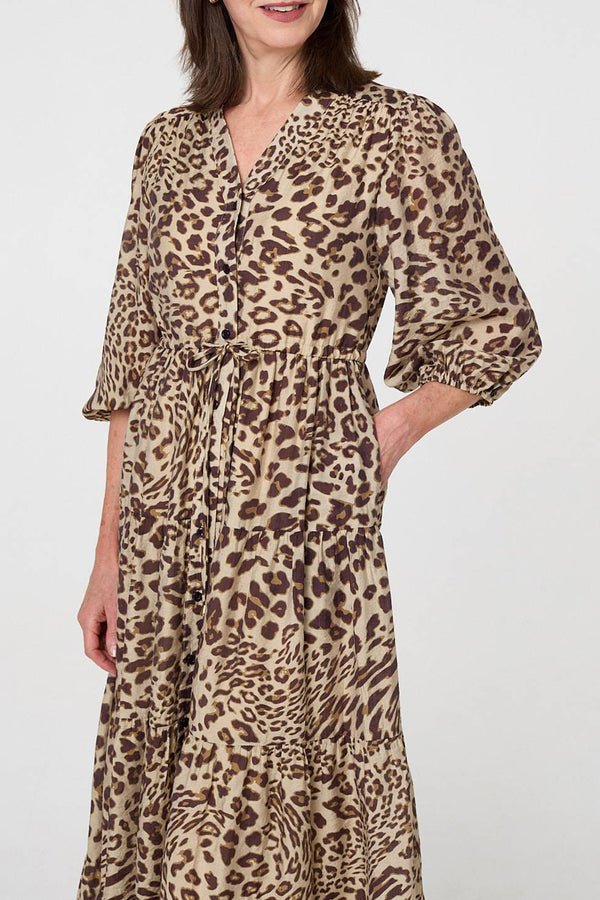 MULTI BROWN | Animal Print 3/4 Sleeve Midi Shirt Dress