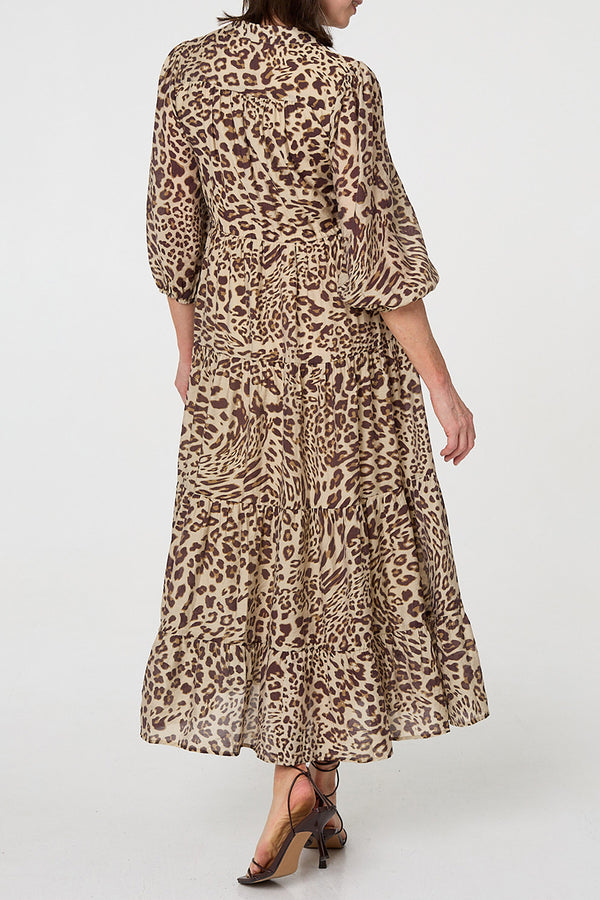 MULTI BROWN | Animal Print 3/4 Sleeve Midi Shirt Dress