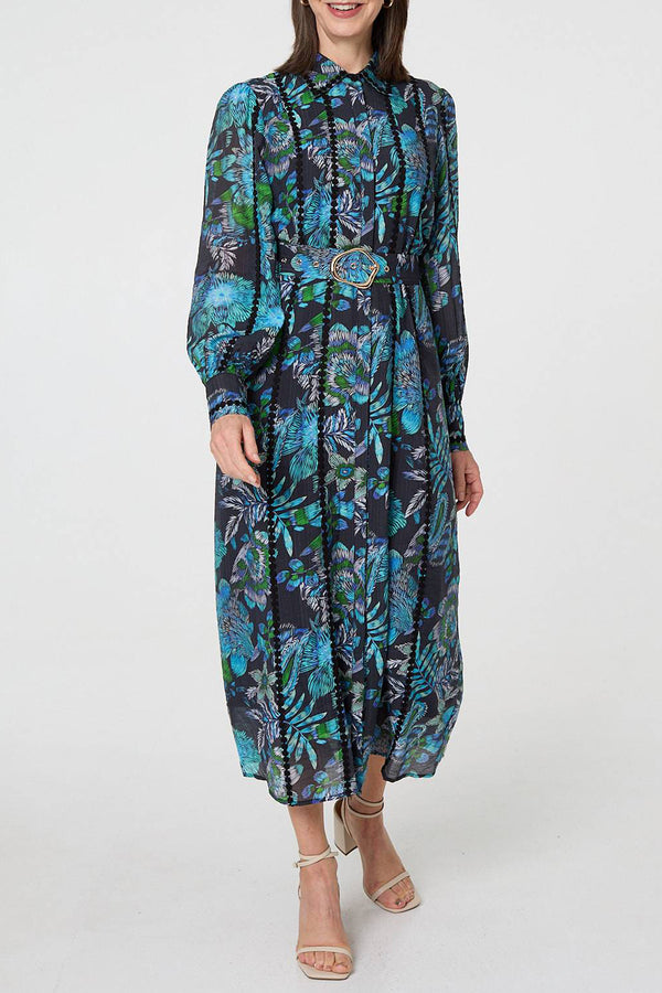 MULTI BLUE | Floral Embellished Belt Midi Shirt Dress