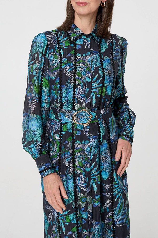 MULTI BLUE | Floral Embellished Belt Midi Shirt Dress