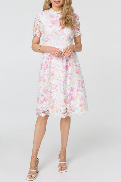 Floral Lace Trim Layered Knee Length Dress| MULTI PINK