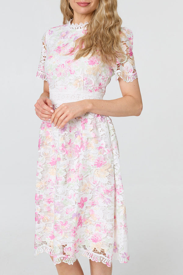 Floral Lace Trim Layered Knee Length| MULTI PINK