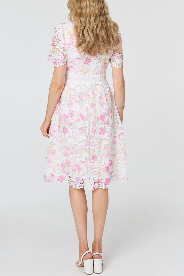 Floral Lace Trim Layered Knee Length| MULTI PINK