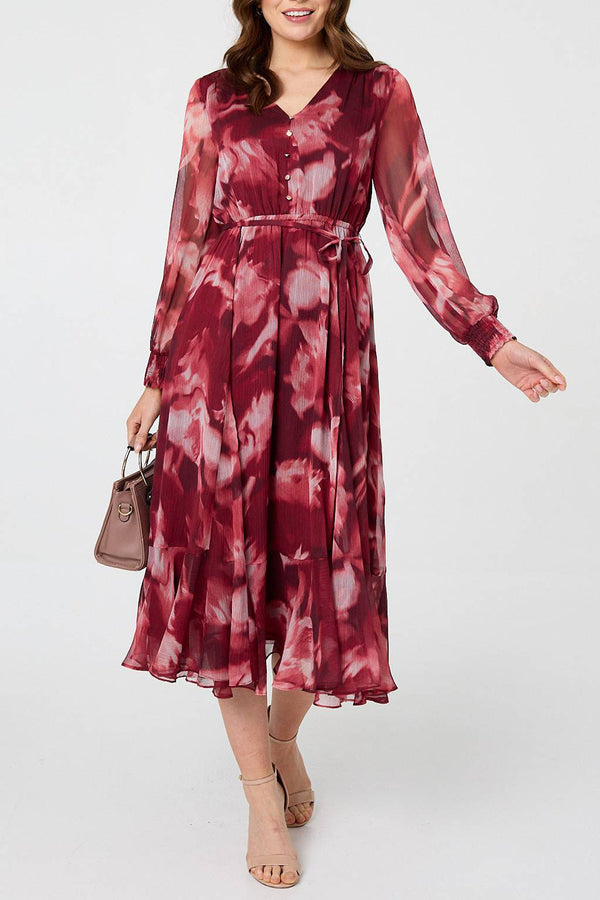 BURGUNDY / Printed Layered Long Sleeve Midi Dress