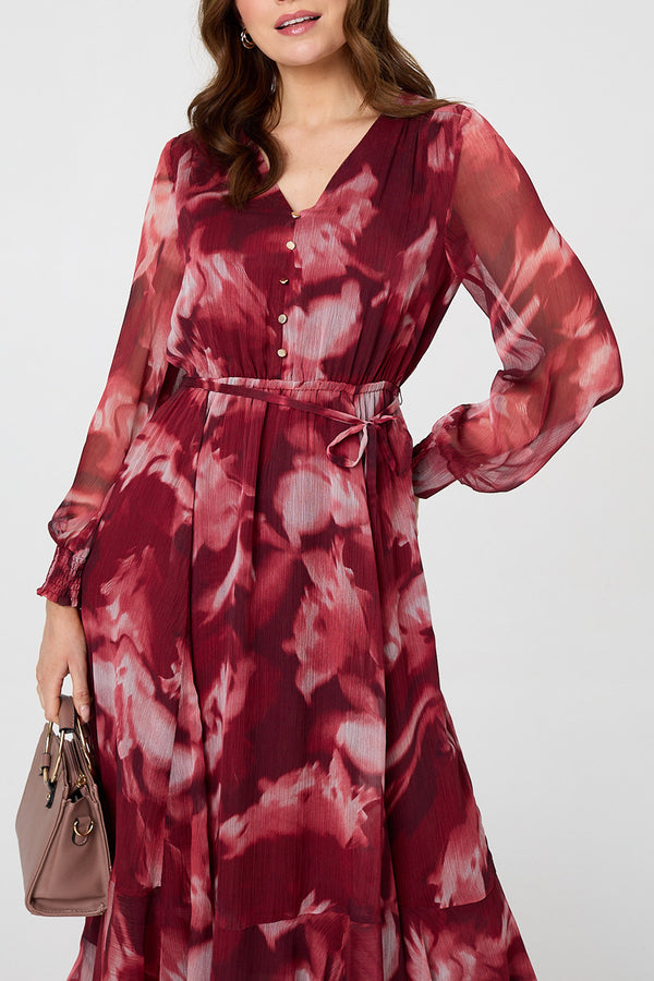 BURGUNDY / Printed Layered Long Sleeve Midi Dress