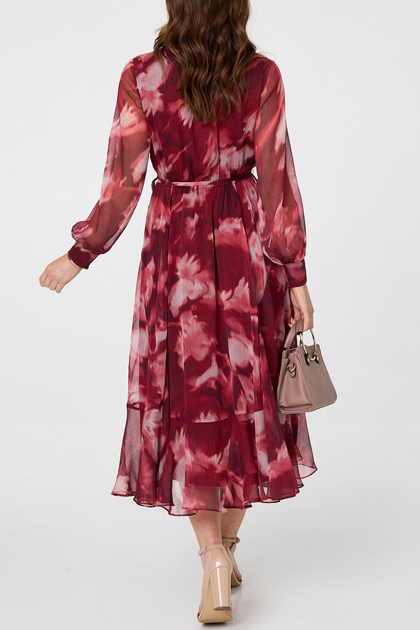 BURGUNDY / Printed Layered Long Sleeve Midi Dress