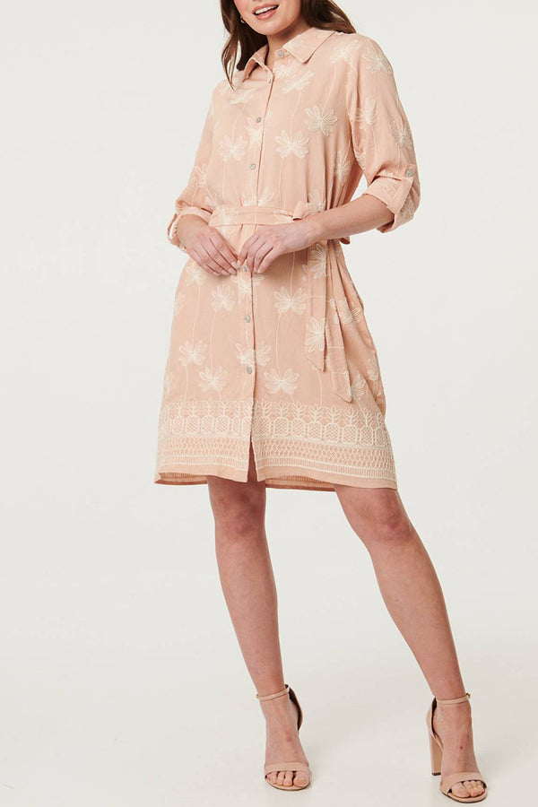 Floral Long Sleeve Short Shirt Dress| MULTI PINK