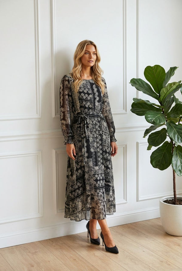 BLACK | Patchwork Print Tie Waist Midi Dress