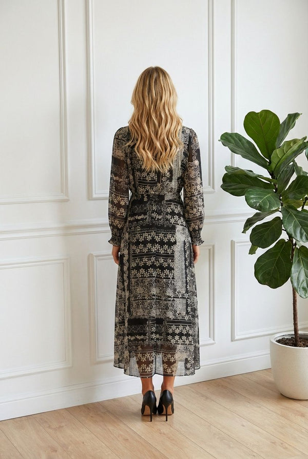 BLACK | Patchwork Print Tie Waist Midi Dress
