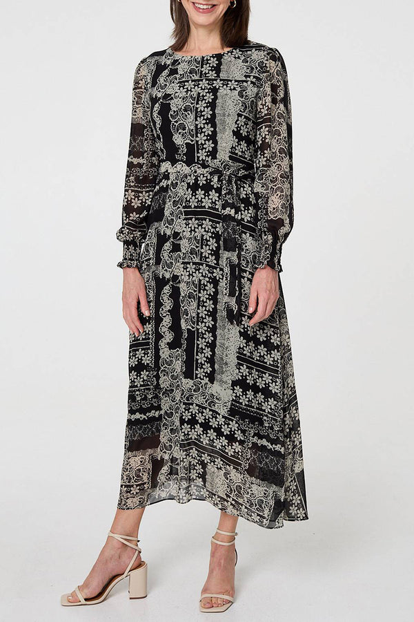 BLACK | Patchwork Print Tie Waist Midi Dress