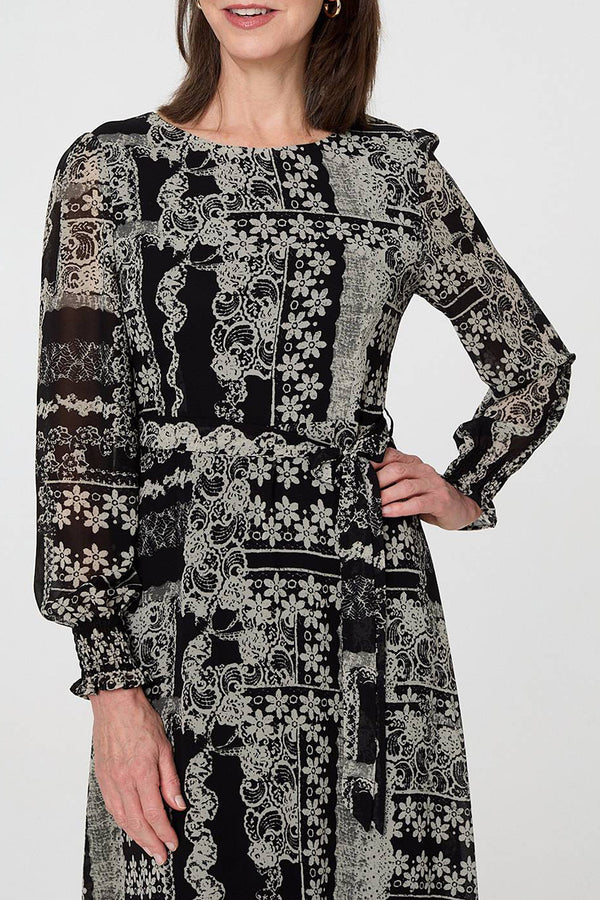 BLACK | Patchwork Print Tie Waist Midi Dress