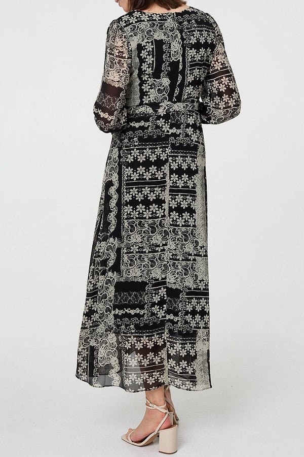 BLACK | Patchwork Print Tie Waist Midi Dress