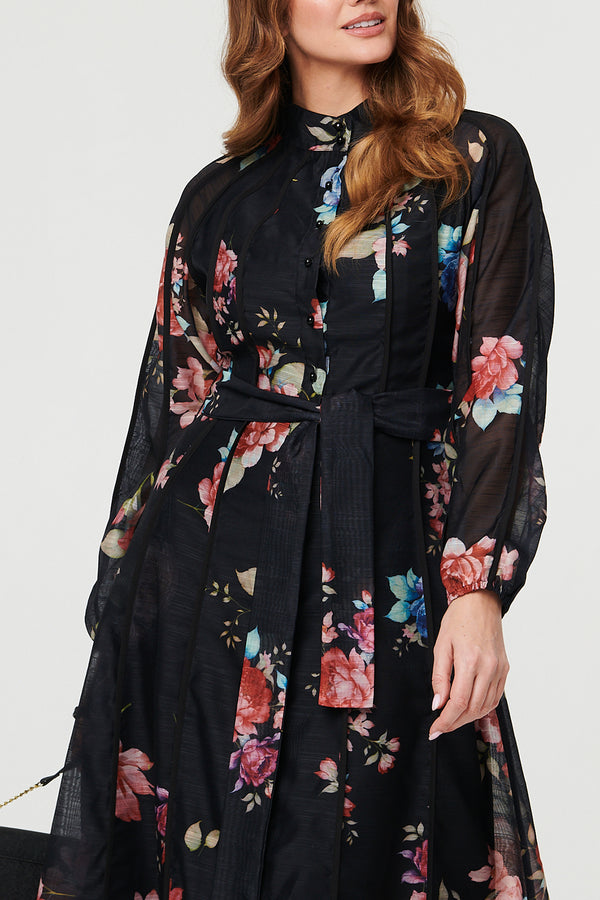 BLACK / Floral Semi Sheer Layer Maxi Shirt Dress