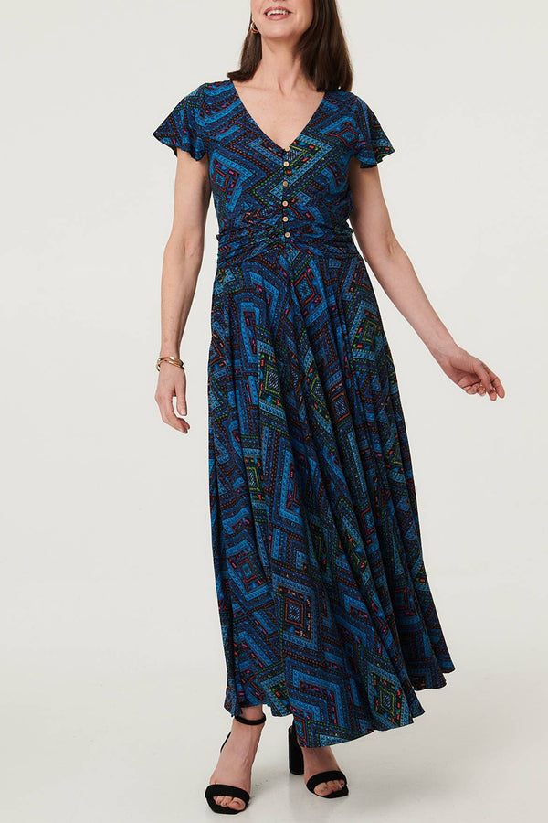 Abstract Cap Sleeve Ruched Maxi Dress| MULTI BLUE