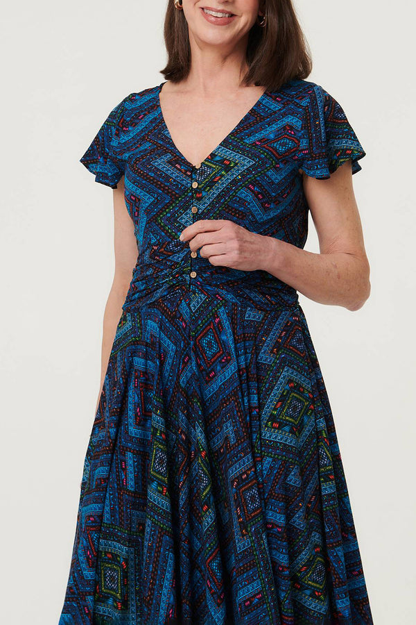 Abstract Cap Sleeve Ruched Maxi Dress| MULTI BLUE