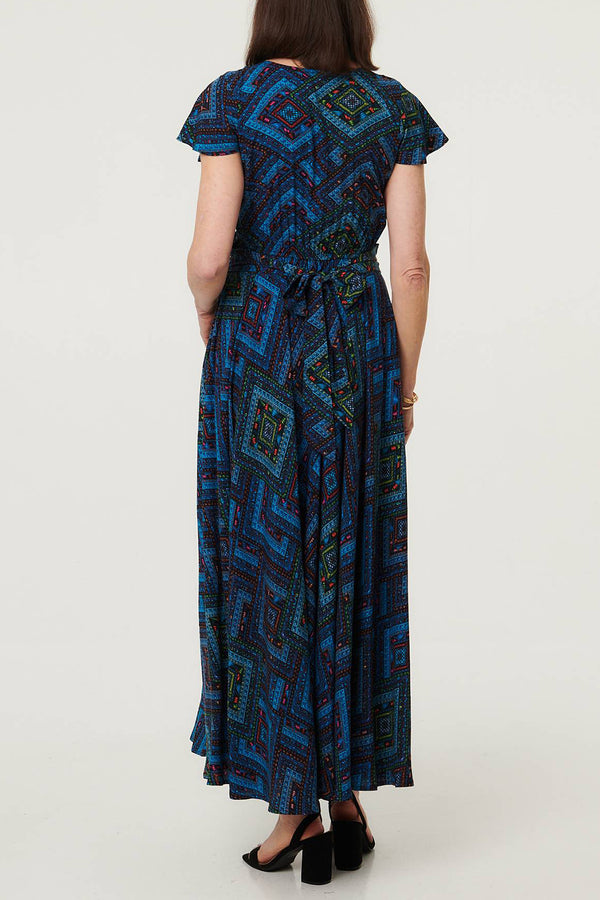 Abstract Cap Sleeve Ruched Maxi Dress| MULTI BLUE
