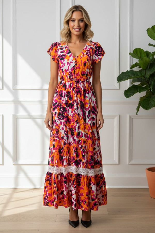 MULTI ORANGE | Printed Cap Sleeve Buttoned Maxi Dress