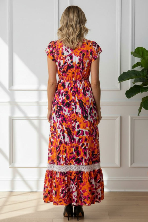 MULTI ORANGE | Printed Cap Sleeve Buttoned Maxi Dress